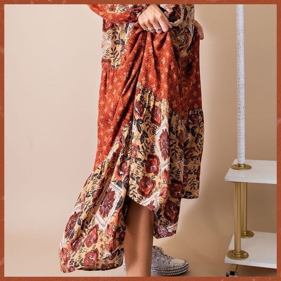 easel Dresses Easel Cottagecore Long Sleeve Mix Floral Print Maxi